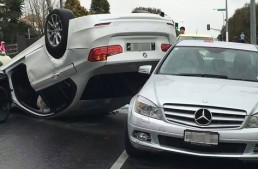 How did he even get there? BMW crashes into Mercedes