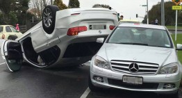 How did he even get there? BMW crashes into Mercedes