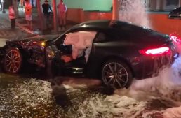 Mercedes-AMG GT lands on fire hydrant and floods the area