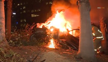 Mercedes-Benz flies off a bridge, catches fire, driver survives