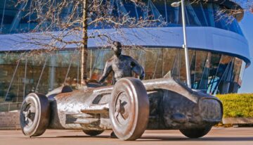 Life-Size Sculpture of Juan Manuel Fangio and his Mercedes-Benz W196 Greet Fans in Stuttgart