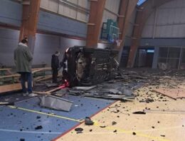 Mercedes Driven By Soccer Player Flies 100 Feet, Goes Through Sports Hall Wall